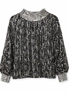 Embellished Black & Silver Sequin Balloon Sleeve Blouse